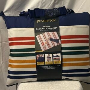 Pendleton Striped Packable Blanket in Navy, Green, Red, Yellow, Cream